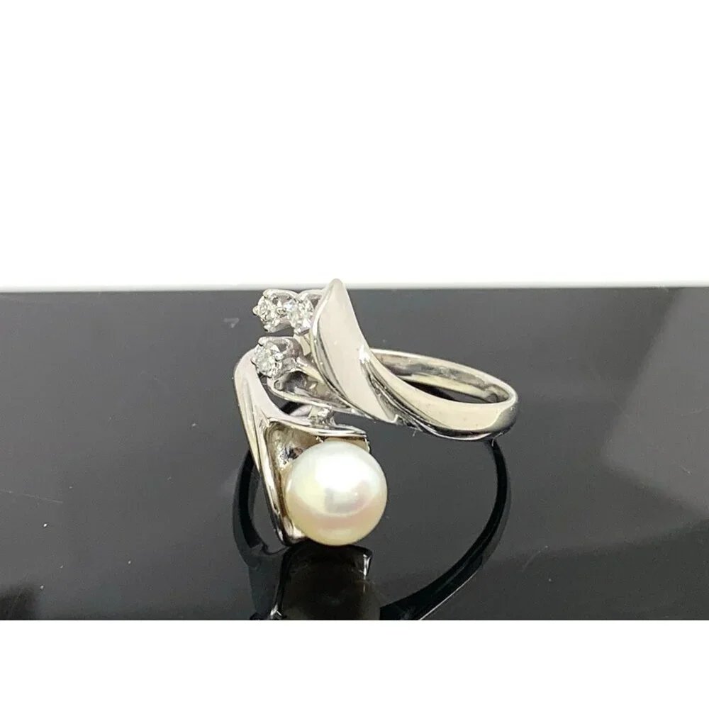 White Pearl 7mm Diamond Cocktail Ring 14k White Gold Estate Women's Size 8.25